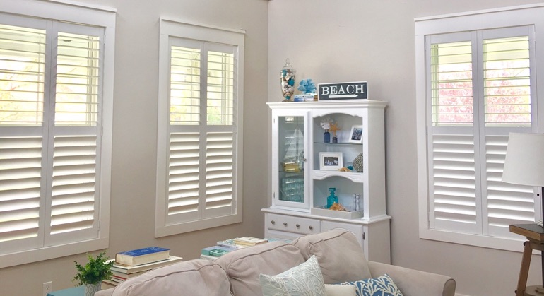 faux wood shutters in Sacramento great room